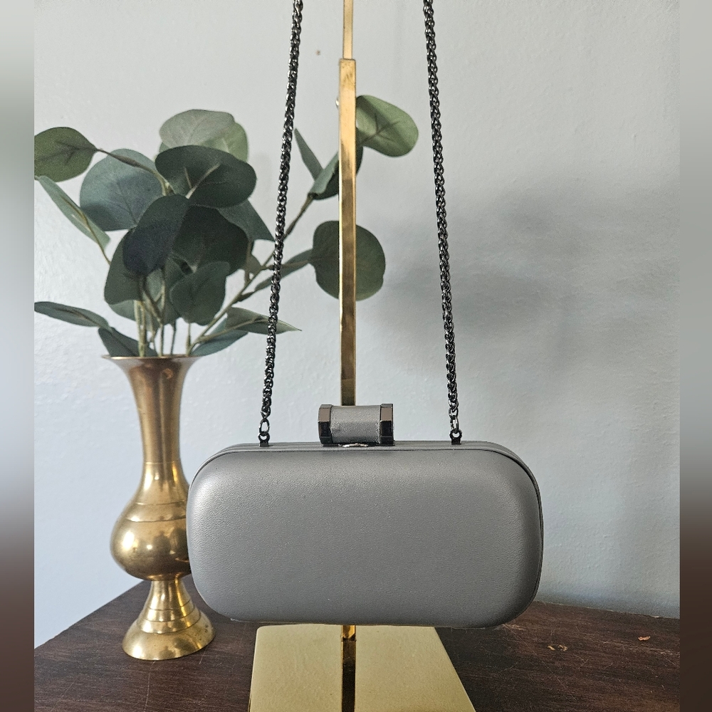Halston Heritage Grey Oblong Minaudiere Box Clutch Bag Minimalist Evening